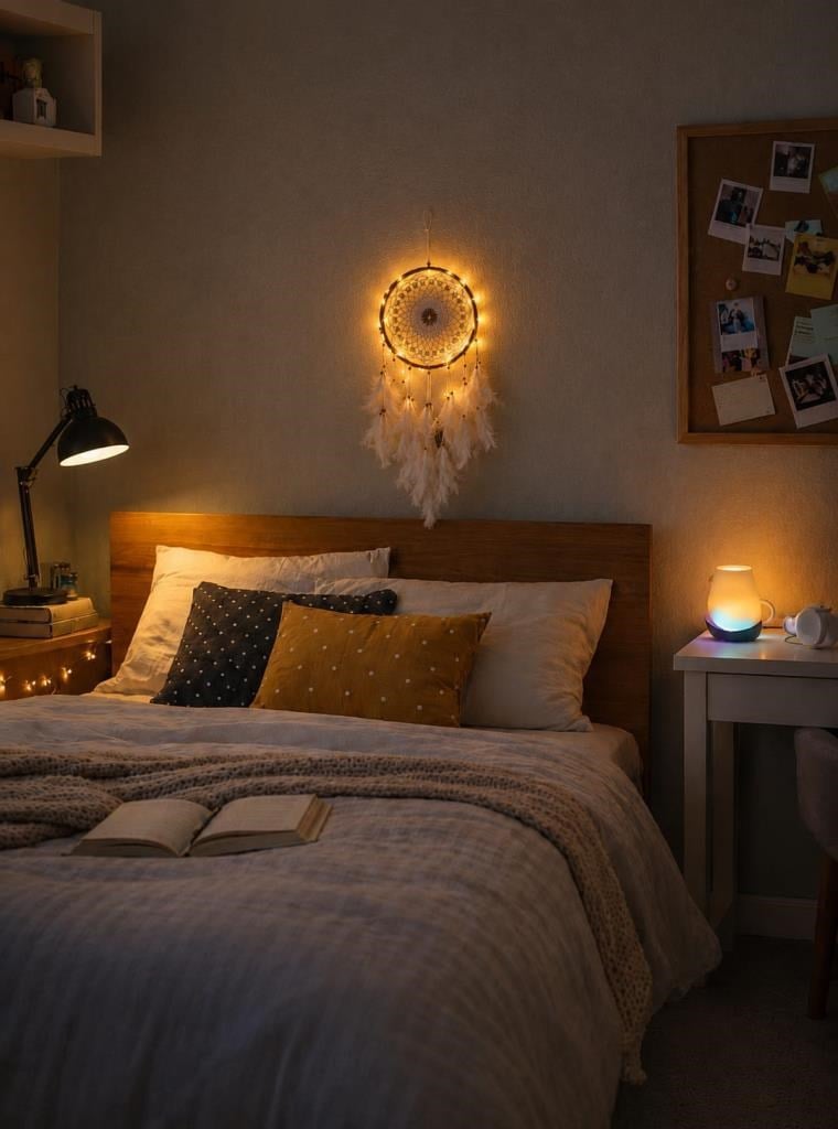 Led Işıklı Düş Kapanı Dreamcatcher Beyaz Kuş Tüyü Rüya Kapanı Duvar Süsü Elişi