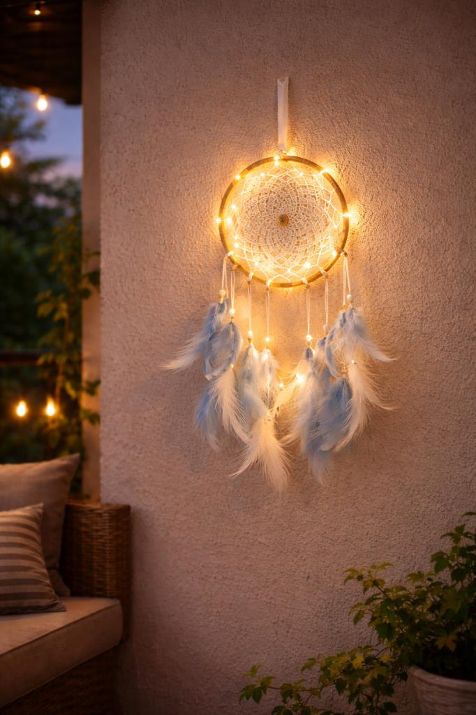 LED Işıklı Düş Kapanı Duvar Süsü – Mavi Beyaz Tüylü Makrome Rüya Kapanı – Bohem Yatak Odası & Teras 