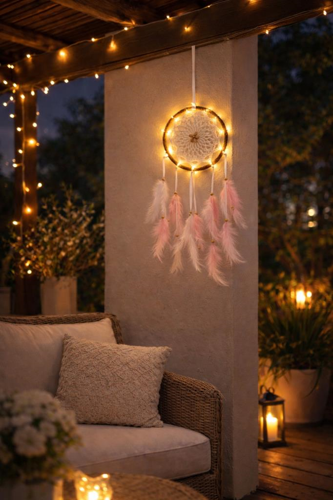 LED Işıklı Düş Kapanı Duvar Süsü – Pembe Beyaz Tüylü Makrome Rüya Kapanı – Bohem Yatak Odası & Teras Dekoru