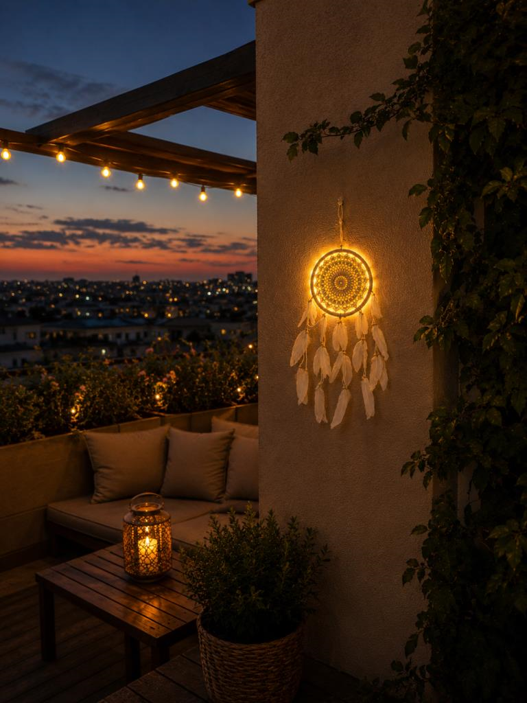 LED Işıklı Rüya Kapanı Düş Kapanı 22 Cm Makrome Dream Catcher Bohem Duvar Süsü 