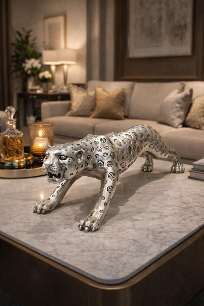 Lüks 60 cm Leopar Heykel – Ev Dekorasyon, Salon ve Ofis Masa Üstü Dekoru