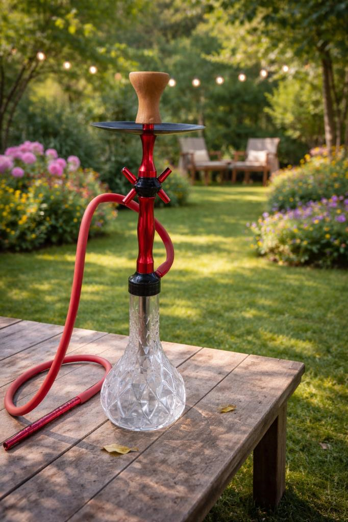 Lüks Cam Nargile Takımı 60 cm – Kırmızı Metal Gövde, Şeffaf Cam Taban 16 cm, Bahçe Balkon Teras Kullanımına Uygun
