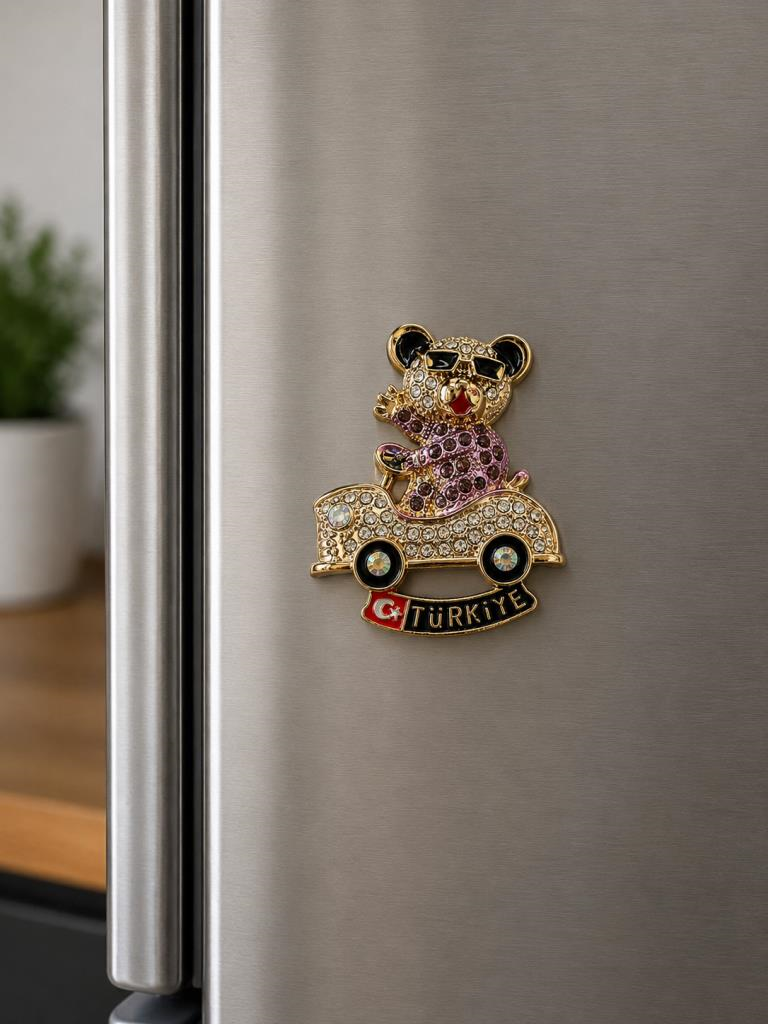 Magnet Ayıcıklı Araba Figürlü Taşlı Metal Buzdolabı Süsü – Türkiye Yazılı Dekoratif Hediyelik Magnet