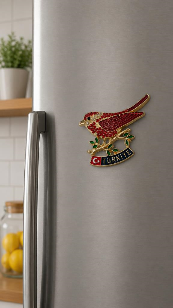 Magnet Taşlı Kuş Figürlü Türkiye Buzdolabı Süsü – Metal Dekoratif Hediyelik Magnet 7x5 cm
