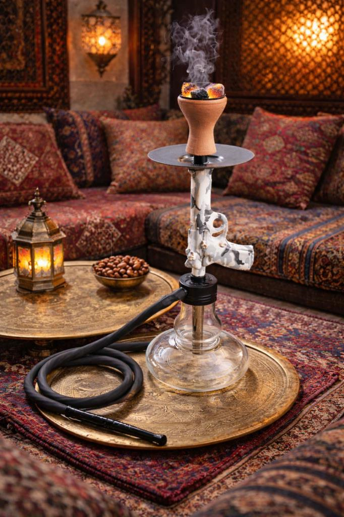 Modern Cam Nargile Takımı 55 cm – Şeffaf Taban 19 cm – Seramik Lüleli, Kalın Hortumlu Premium Nargile Seti