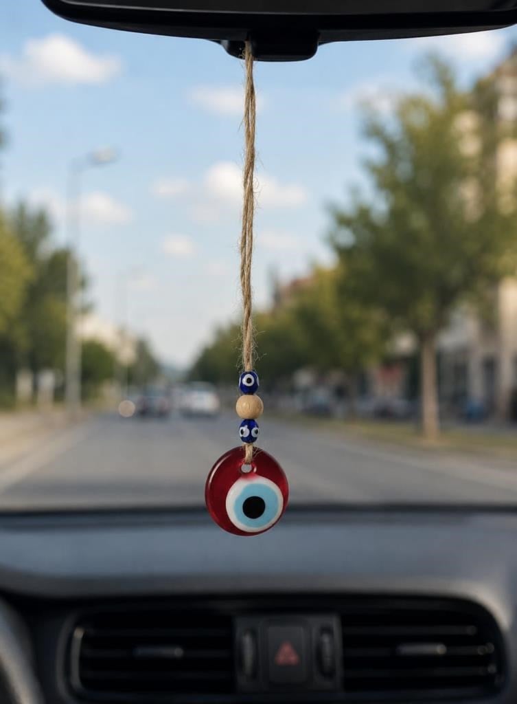 Nazar Boncuğu Dikiz Aynası Süsü Kırmızı Renkli 3 cm Duvar Süsü El Yapımı Cam Kapı Süsü Araba