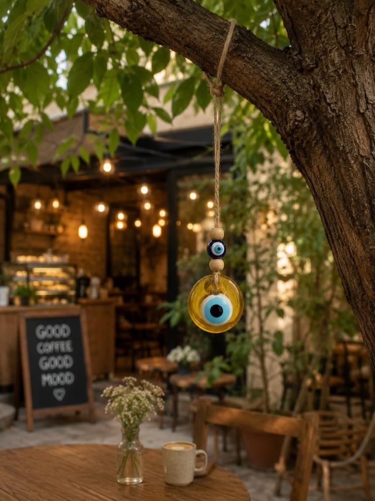 Nazar Boncuğu Dikiz Aynası Süsü Sarı Renkli 4 cm Duvar Süsü El Yapımı Cam Kapı Süsü Araba