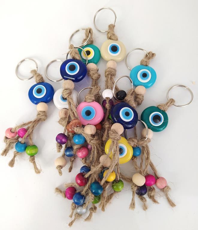 Nazar Boncuk Anahtarlık 10 Adet Karışık Renkli Kötü Göz Kovucu Nazar Hand Made Hasır Renkli Ahşap Boncuklu Nazarlı 