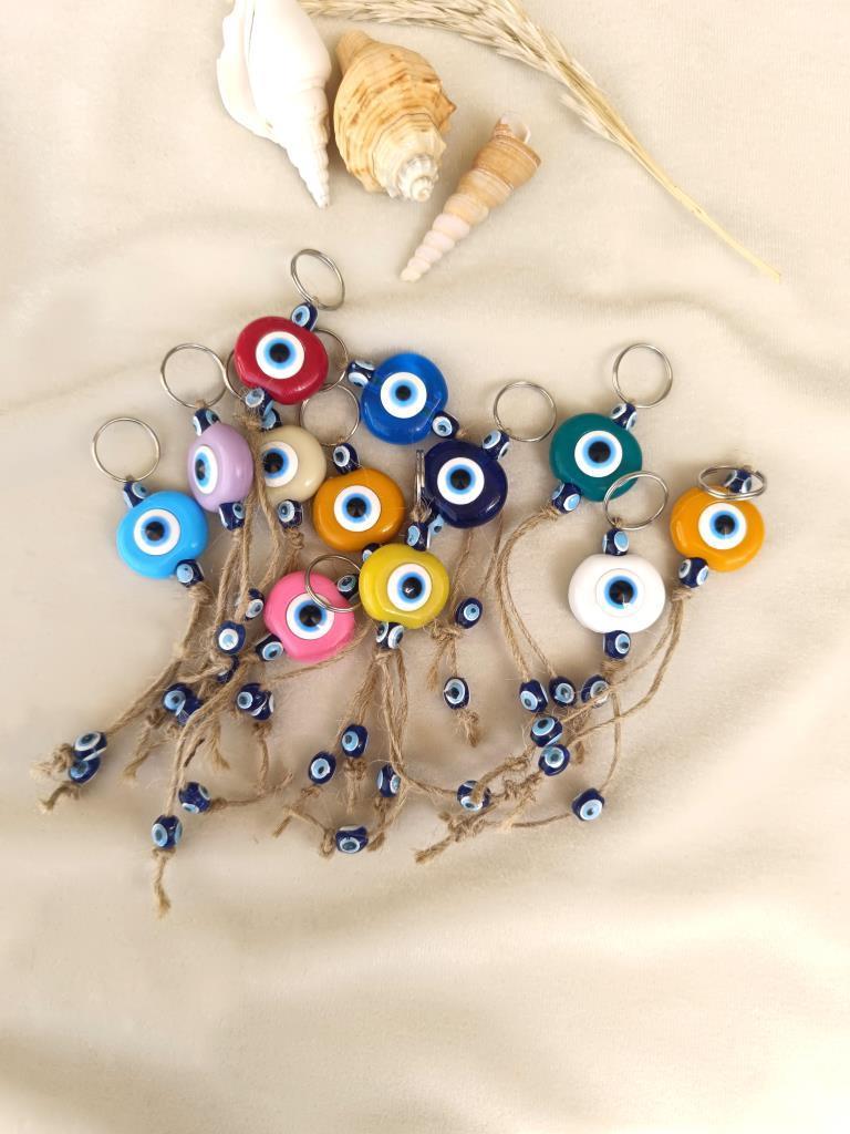 Nazar Boncuk Anahtarlık 5 Adet Kötü Göz Kovucu Nazar Hand Made Hasır Renkli Boncuklu Nazarlı Anahtarlık