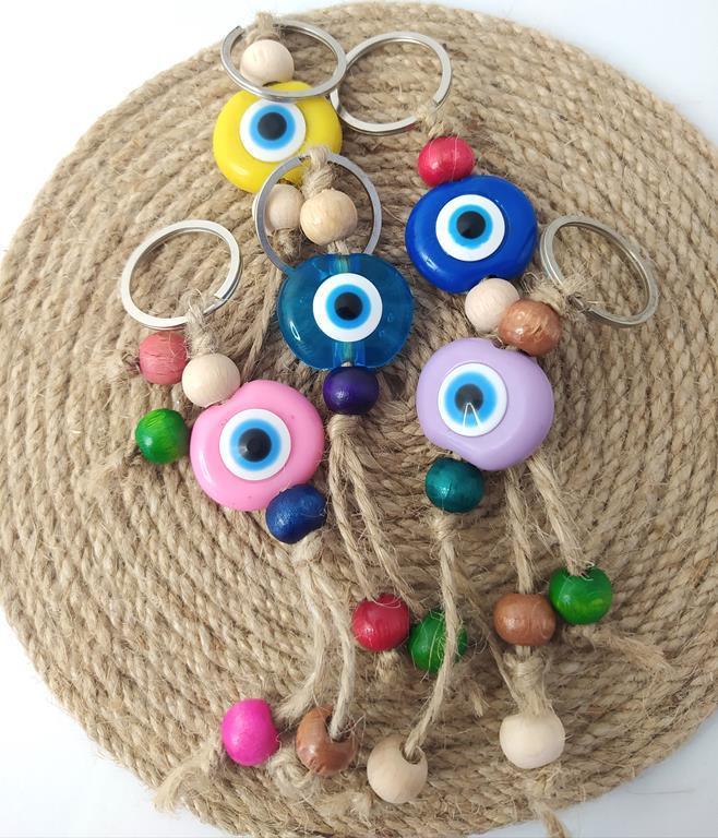 Nazar Boncuk Anahtarlık 5 Adet Kötü Göz Kovucu Nazar Hand Made Hasır Renkli Boncuklu Nazarlı Anahtarlık