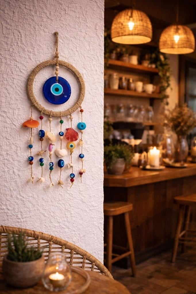 Nazar Boncuklu Hasır Deniz Kabuklu Duvar Süsü Rüzgar Çanı