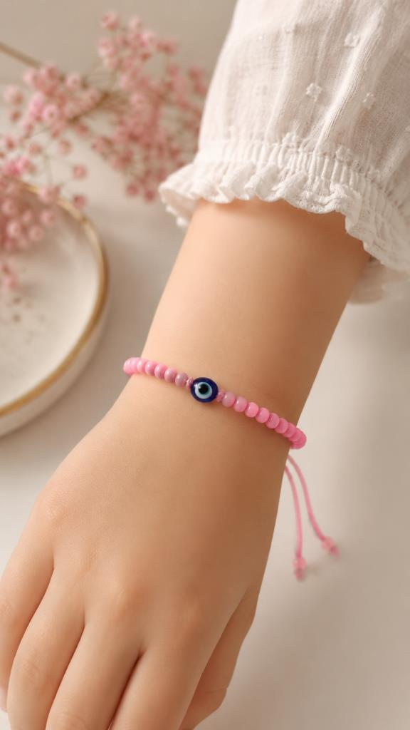 Nazar Boncuklu İpli Bileklik Pembe Boncuklu Kadın Çocuk Bilekliği El Yapımı Minimal Şans Bilekliği 24-28 cm