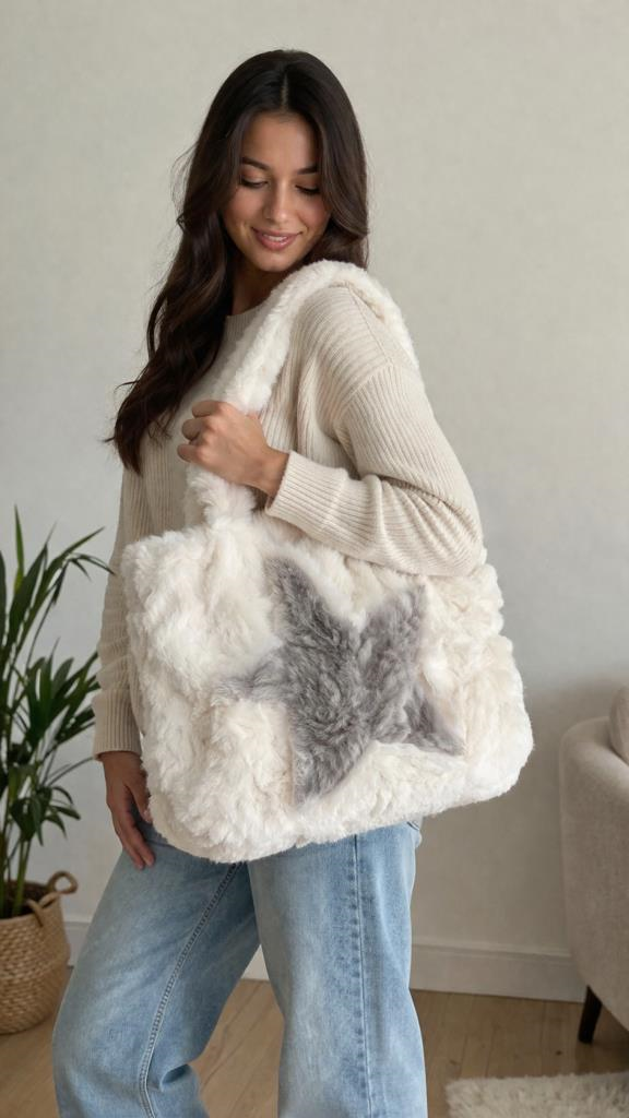 Peluş Çanta Büyük Boy Kadın Omuz Çantası Yumuşak Kürk Görünümlü Krem Gri