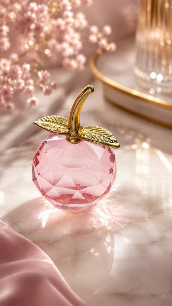 Pembe Kristal Elma Biblo Orta Boy 8.5 Cm Dekoratif Cam Elma Süsü Gold Yapraklı 