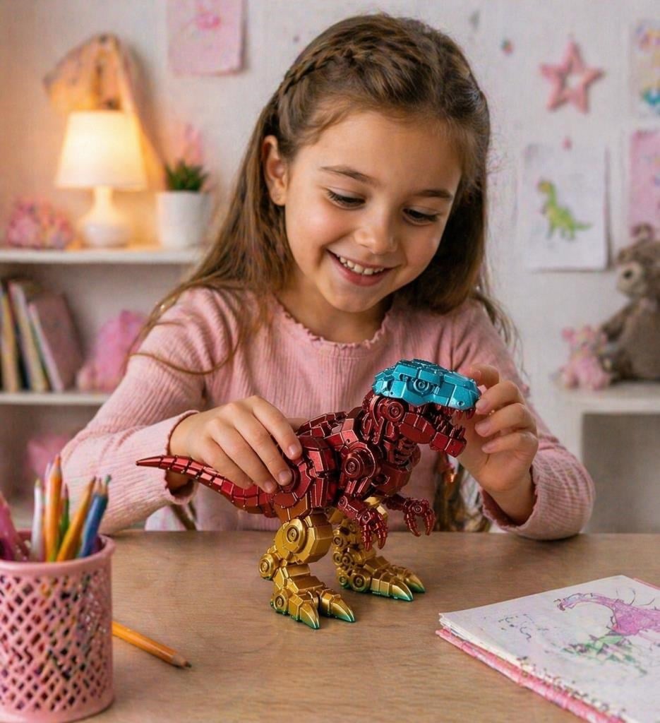 Robotik Görünümlü T-Rex Dinozor Figürü – Metalik Efektli Plastik Dekoratif Biblo (Sabit Model