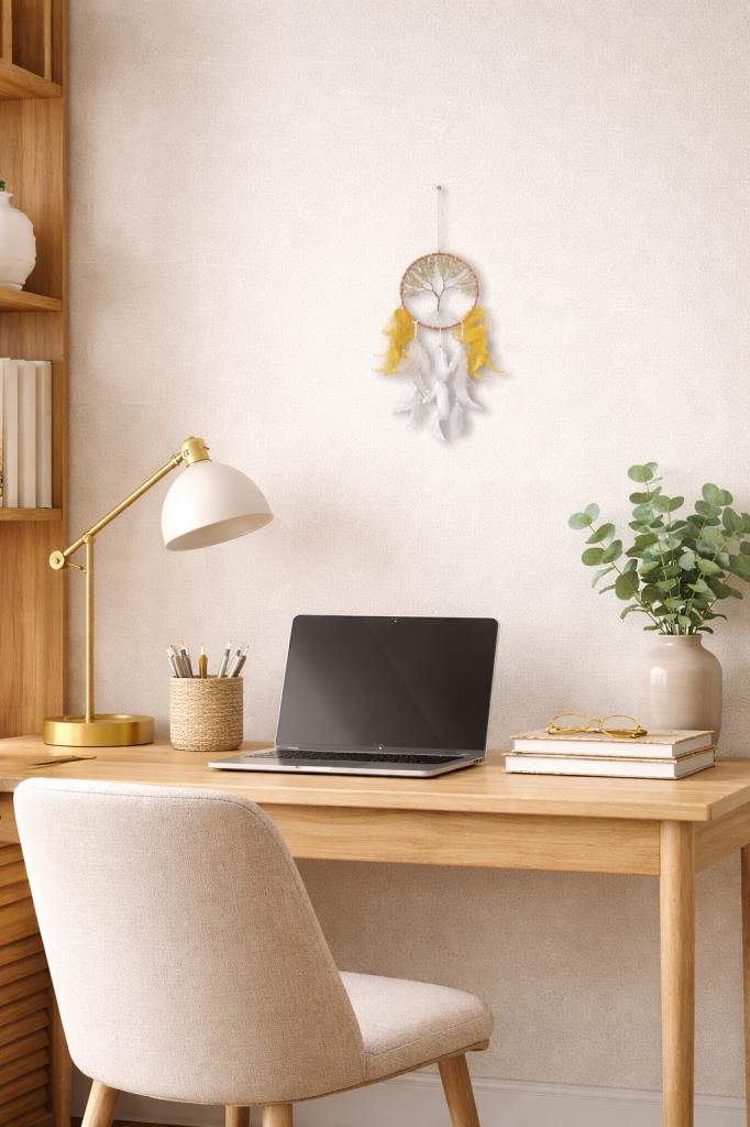 Sitrin Doğal Taş & İnci Detaylı Hayat Ağacı Düş Kapanı – El Yapımı Bohem Duvar Süsü 14 cm / 55 cm