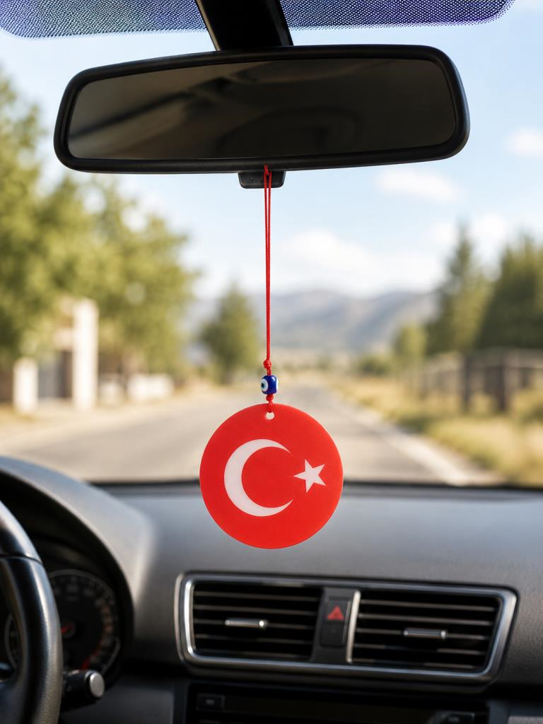 Türk Bayraklı Araba Dikiz Ayna Süsü Çift Taraflı Cam Nazar Boncuklu 25 cm
