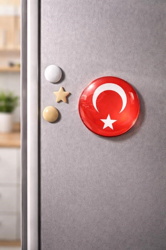 Türk Bayraklı Cam Buzdolabı Magneti – 6 cm Parlak Yüzey Güçlü Mıknatıslı Dekoratif Süs 