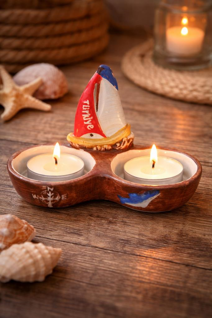 Yelkenli Figürlü Seramik Mumluk | Deniz Temalı Dekoratif Çiftli Tealight Mumluk (Mum Dahil Değil)