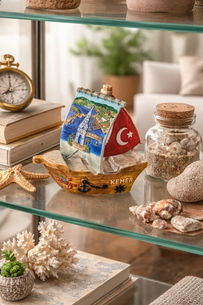Yelkenli Gemi Biblo Seramik Dekoratif Biblo 13x13 cm Kemer Temalı Deniz Teması Türk Bayrağı Detaylı 