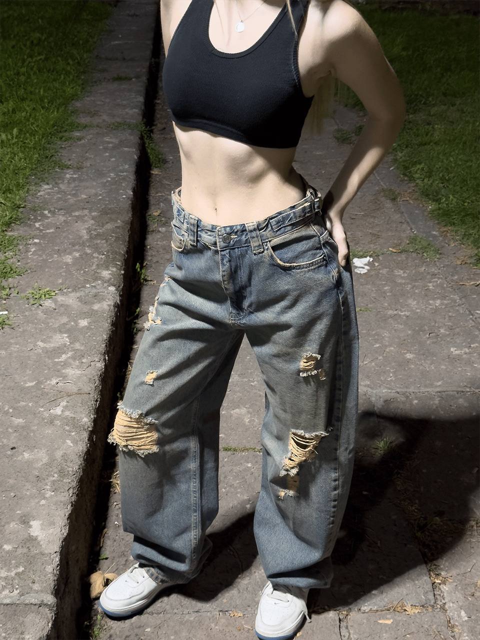Sizden Gelen Eskitme Yırtıklı Wide Leg Jean