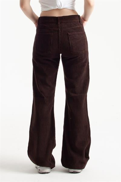 Acı Kahve Kadife Kumaş Flare Jean