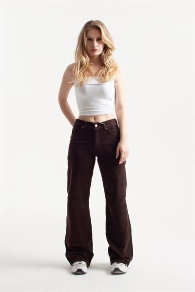 Acı Kahve Kadife Kumaş Flare Jean