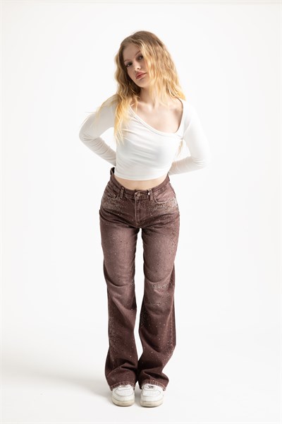 Acı Kahve Taşlı Loose Fit Jean
