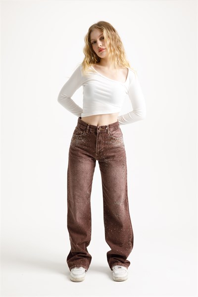 Acı Kahve Taşlı Loose Fit Jean