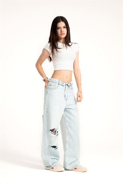 Açık Mavi Yırtıklı Ters Kemer Straight Jean