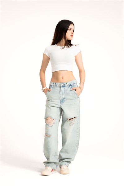 Açık Mavi Yırtıklı Skater Jean
