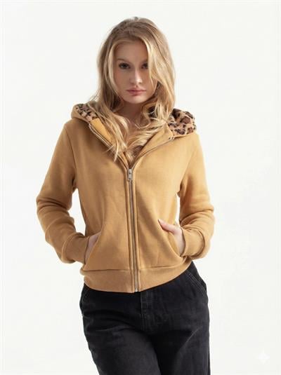 Açık Taba Vücuda Oturan Leoparlı Zip-Hoodie