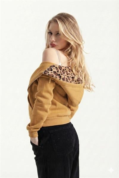 Açık Taba Vücuda Oturan Leoparlı Zip-Hoodie