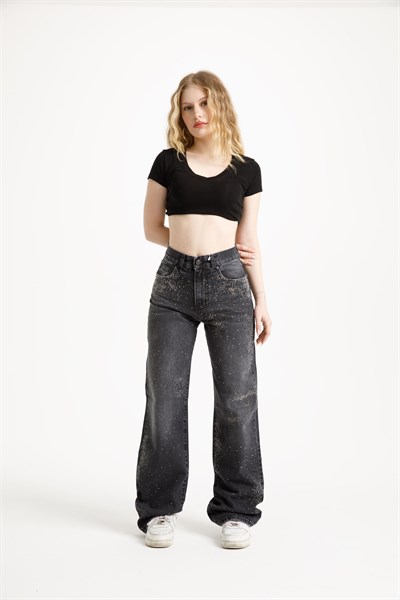 Antrasit Taşlı Loose Fit Jean