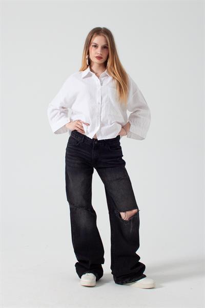 Antrasit Yırtıklı Baggy Flare Jean