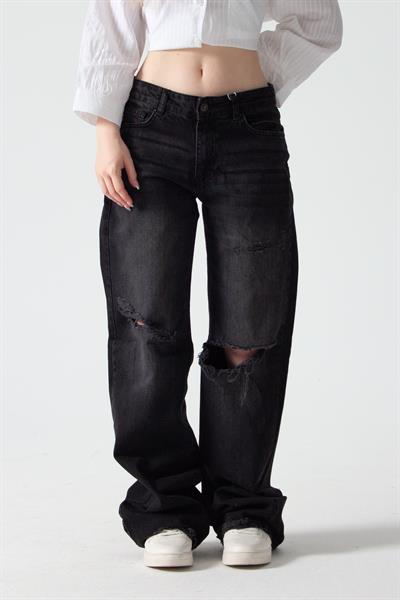 Antrasit Yırtıklı Baggy Flare Jean