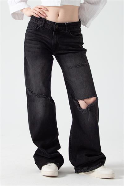 Antrasit Yırtıklı Baggy Flare Jean