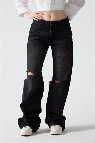 Antrasit Yırtıklı Baggy Flare Jean