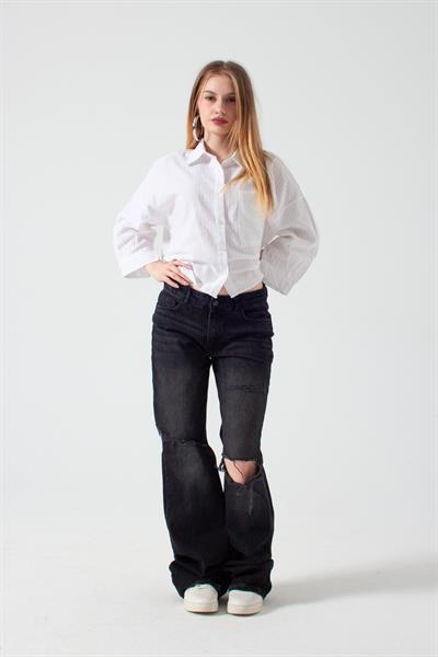 Antrasit Yırtıklı Baggy Flare Jean
