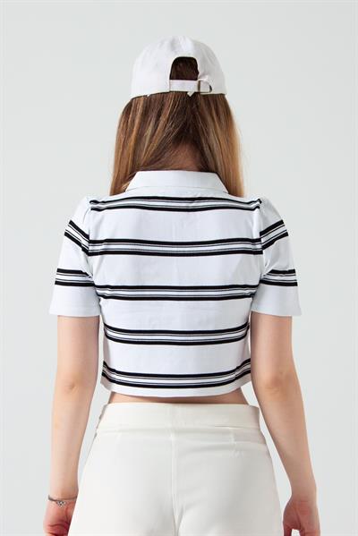Beyaz Çizgili Polo Yaka Crop T-Shirt