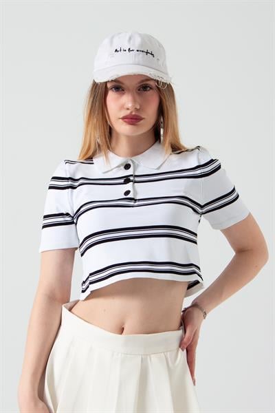Beyaz Çizgili Polo Yaka Crop T-Shirt
