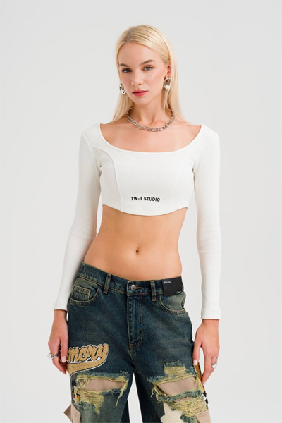 Beyaz Uzun Kollu TW-3 Premium Crop-Top
