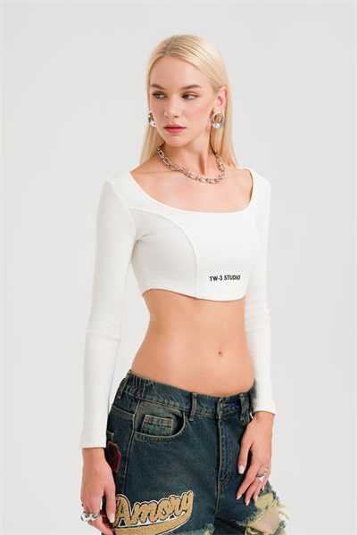 Beyaz Uzun Kollu TW-3 Premium Crop-Top