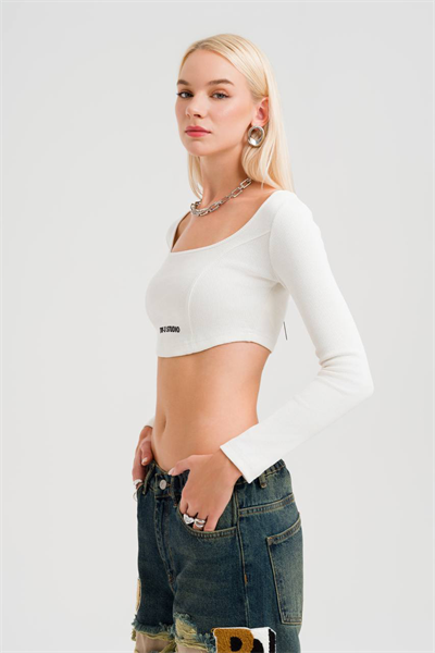Beyaz Uzun Kollu TW-3 Premium Crop-Top