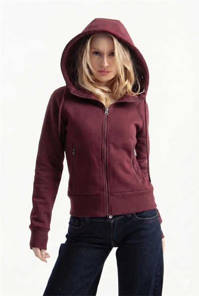 Bordo Vücuda Oturan Kışlık Zip-Hoodie