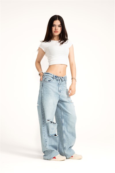 Buz Mavi Yırtıklı Ters Kemer Straight Jean
