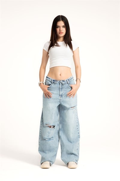 Buz Mavi Ters Kemer Straight Jean