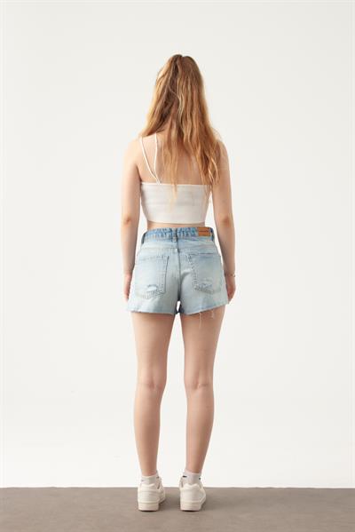 Buz Mavi Yırtıklı Mini Denim Şort