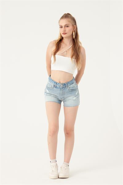Buz Mavi Yırtıklı Mini Denim Şort
