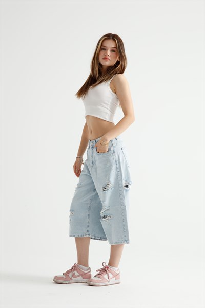 Buz Mavi Yırtıklı Super Baggy Şort